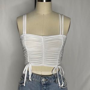 prettylittlething white slinky ruched detail double strap cropped top